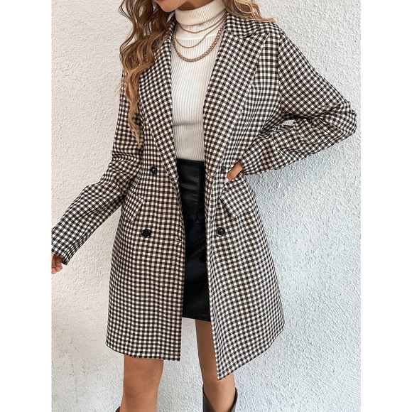 Gingham Print plaid oversized Blazer brown tan academia - Picture 5 of 6